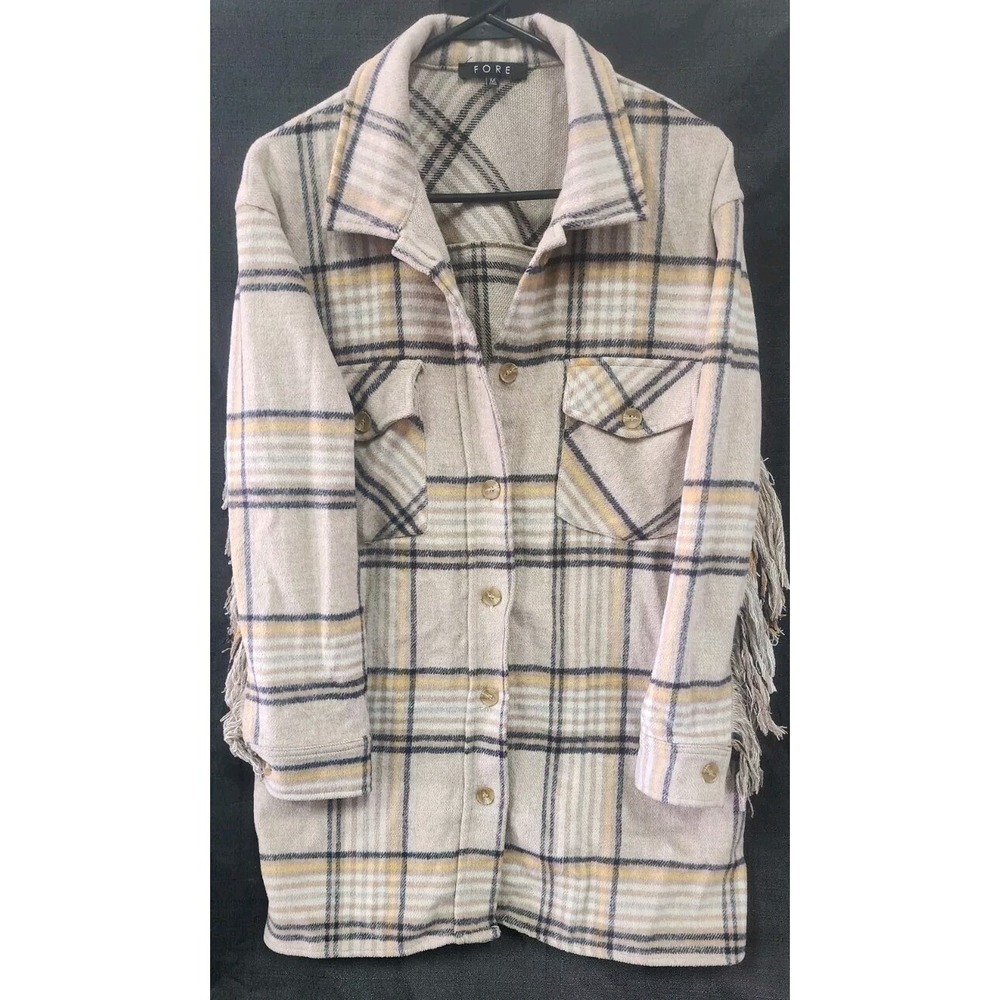 FORE Plaid Fringe Shacket Tan Thick Warm Fall NWOT Womans Medium Western